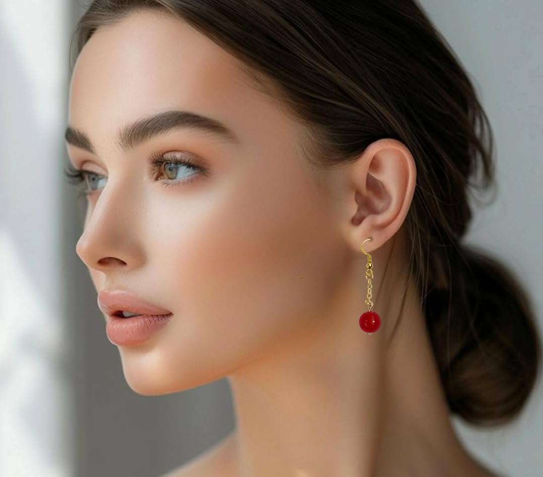 Red Coral Bead Drop Earrings - Minimalist Dangle Earrings with 18k Gold-plated Chain for every Jewellery Gift