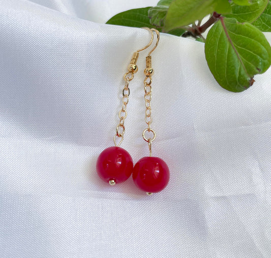 Red Coral Bead Drop Earrings - Minimalist Dangle Earrings with 18k Gold-plated Chain for every Jewellery Gift