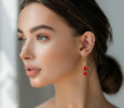 Model wearing the "Red Coral Earrings with 925 Sterling Silver Hook"