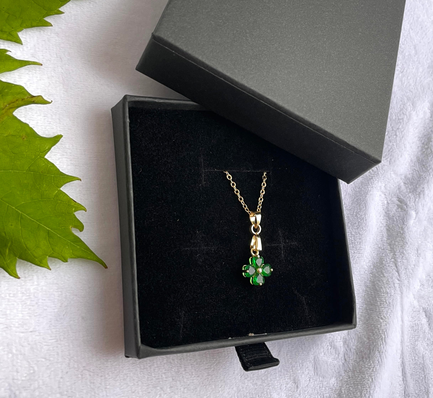 Four-Leaf Clover Necklace - Green Zironia Pendant with 14K Gold Chain Lucky Jewellery Gift