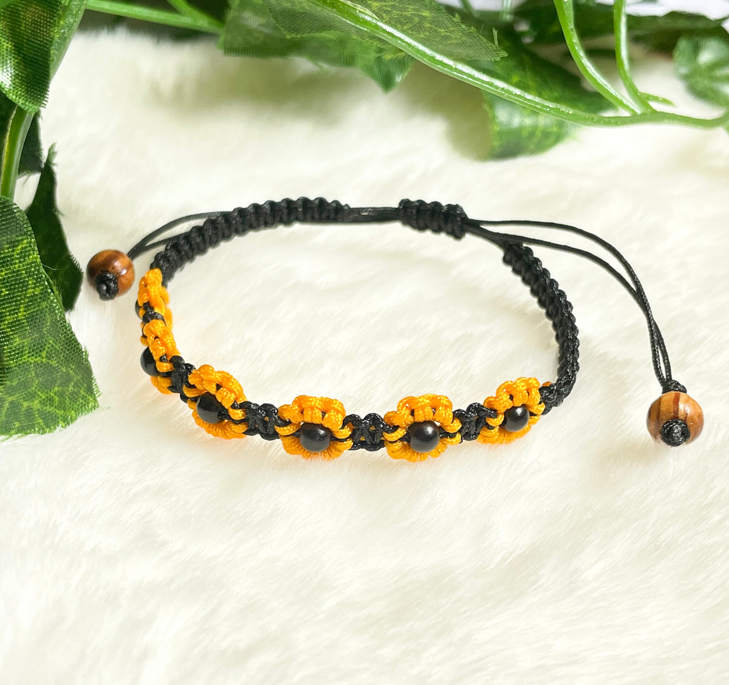 Handmade Sunflower Macrame Bracelet | Black Cord | Yellow Beaded Flowers | Adjustable Friendship Gift