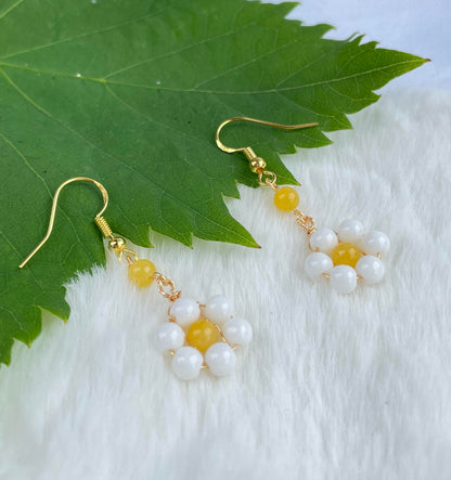 Gemstone Beaded Daisy Earrings - Yellow and White Daisy Flower Drop Girl Gift