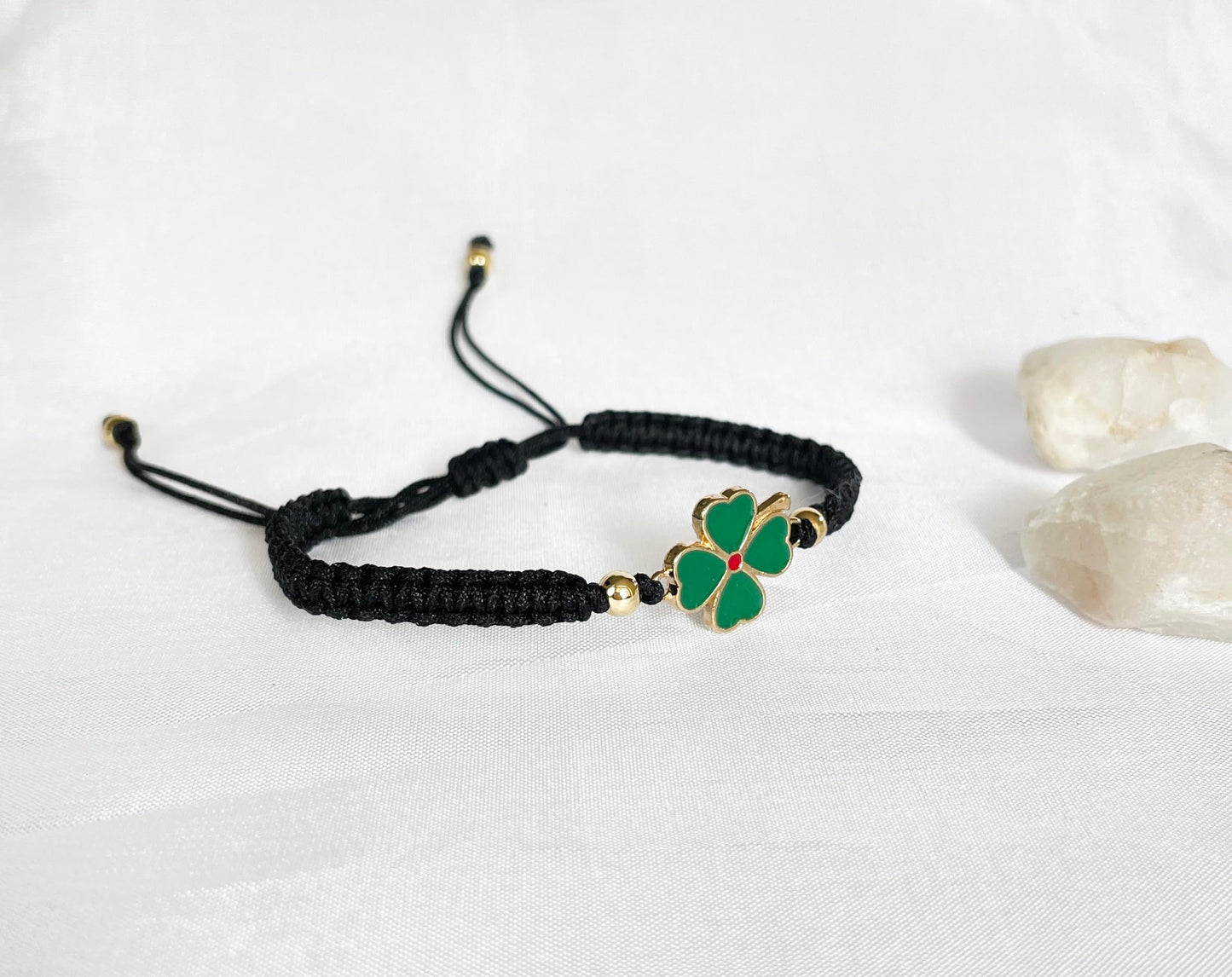 Handmade Four Leaf Clover Macrame Bracelet | Adjustable Green Cord | Good Luck Gift for Her