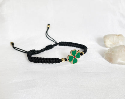 Handmade Four Leaf Clover Macrame Bracelet | Adjustable Green Cord | Good Luck Gift for Her