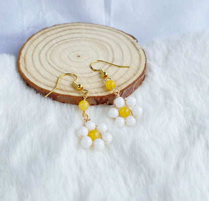 Gemstone Beaded Daisy Earrings - Yellow and White Daisy Flower Drop Girl Gift