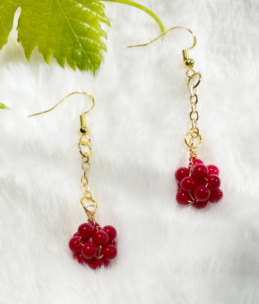 Red Coral Bead Roseberry Earrings - Coral beaded Roseberry with Gold Plated Sterling Silver Hook