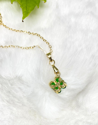 Four-Leaf Clover Necklace - Green Zironia Pendant with 14K Gold Chain Lucky Jewellery Gift