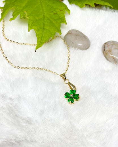 Four-Leaf Clover Necklace - Green Zironia Pendant with 14K Gold Chain Lucky Jewellery Gift