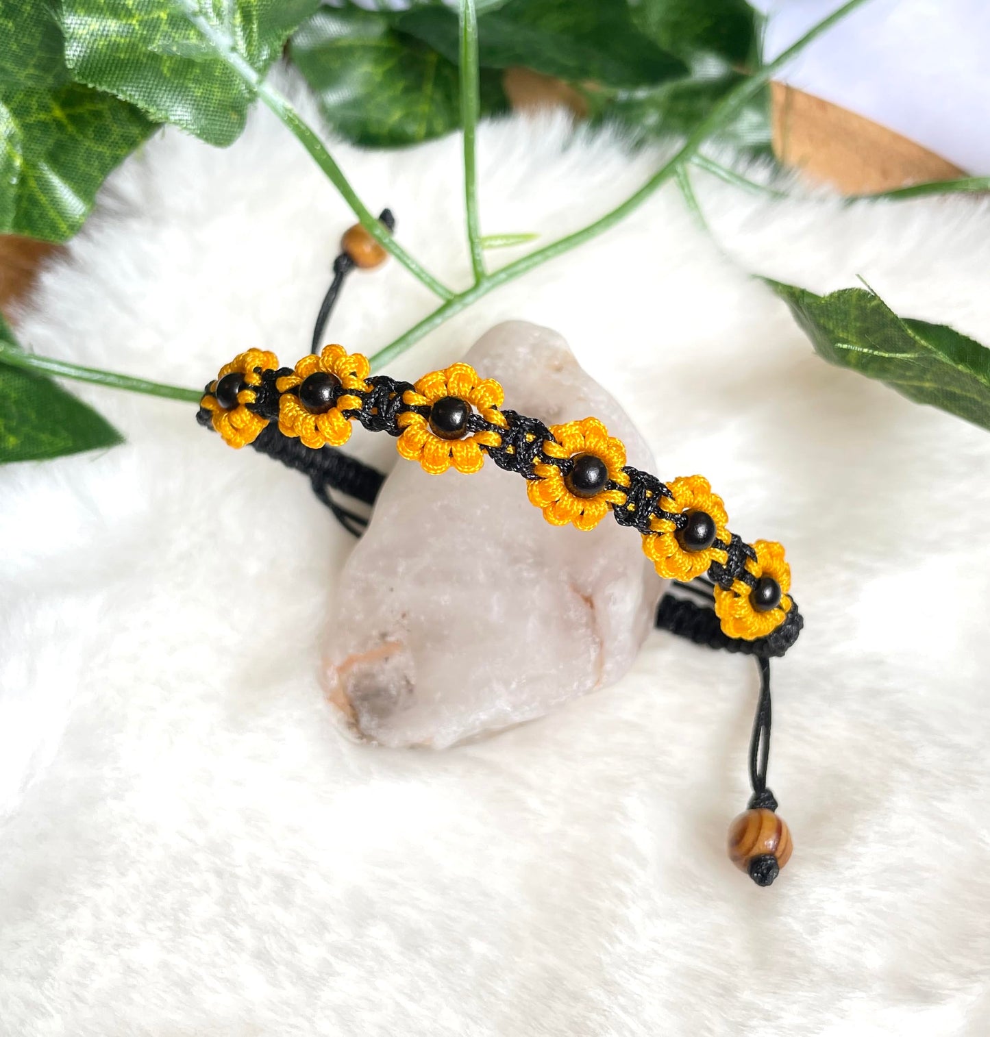 Sunflower Bracelet - Yellow & Black Macrame Flower Bracelet , Boho Summer Jewellery