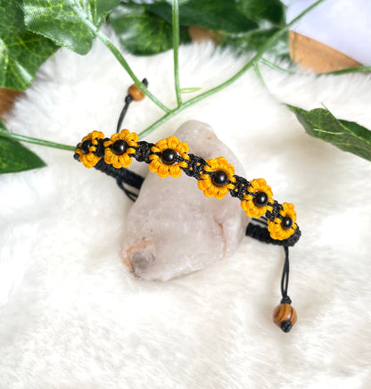 Sunflower Bracelet - Yellow & Black Macrame Flower Bracelet , Boho Summer Jewellery