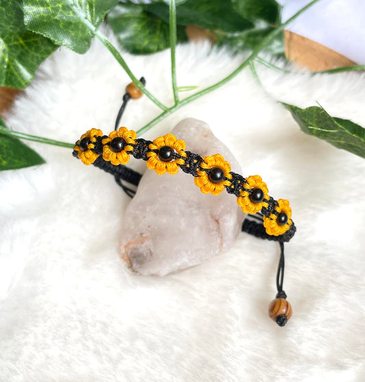 Sunflower Bracelet - Yellow & Black Macrame Flower Bracelet , Boho Summer Jewellery