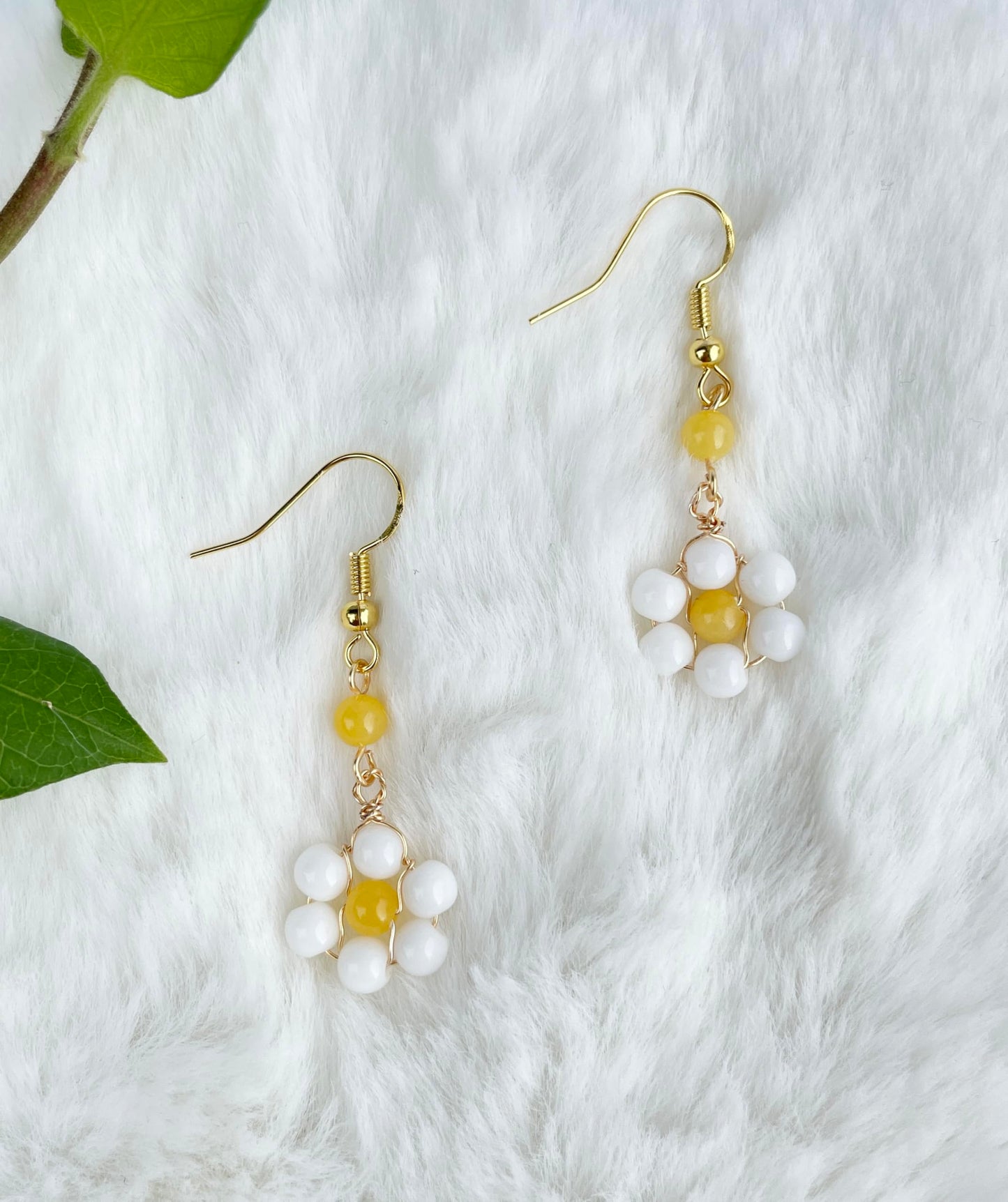 Gemstone Beaded Daisy Earrings - Yellow and White Daisy Flower Drop Girl Gift