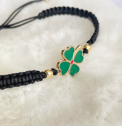Handmade Four Leaf Clover Macrame Bracelet | Adjustable Green Cord | Good Luck Gift for Her