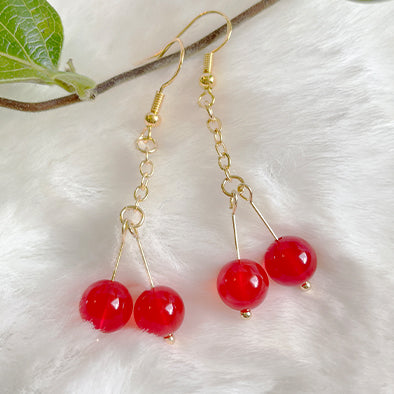 Red Cherry Earrings – Chalcedony Bead Drop Earrings with Gold Plated Sterling Silver Hook
