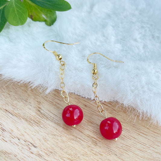 Red Coral Bead Drop Earrings - Minimalist Dangle Earrings with 18k Gold-plated Chain for every Jewellery Gift