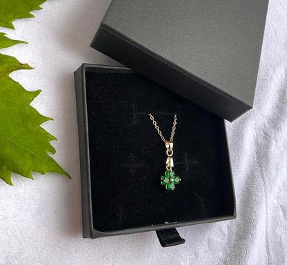 Four-Leaf Clover Necklace - Green Zironia Pendant with 14K Gold Chain Lucky Jewellery Gift