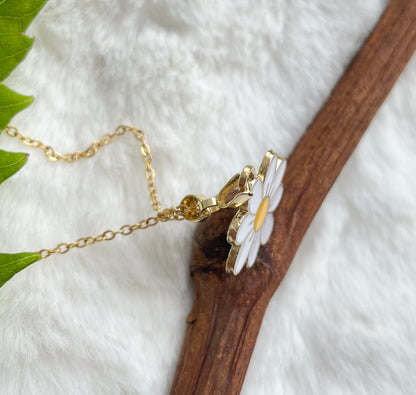 Daisy Necklace -  White and Yellow Enamel Flower Pendant with Stainless Steel Chain