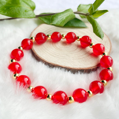 Red Agate Bead Bracelet - With 18k Gold Plated Beads , Stretch from 15 to 18 cm