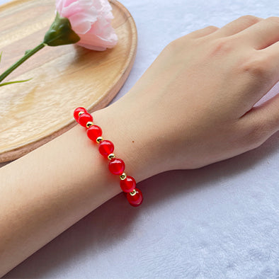 Red Agate Bead Bracelet - With 18k Gold Plated Beads , Stretch from 15 to 18 cm