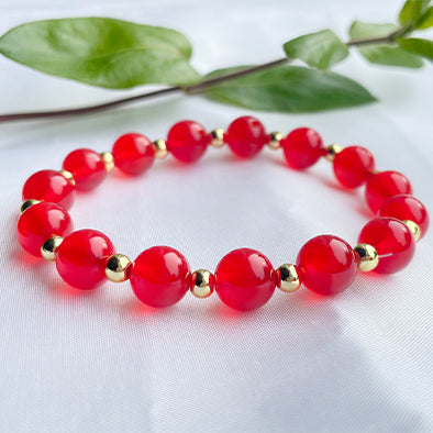 Red Agate Bead Bracelet - With 18k Gold Plated Beads , Stretch from 15 to 18 cm