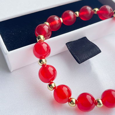 Red Agate Bead Bracelet - With 18k Gold Plated Beads , Stretch from 15 to 18 cm