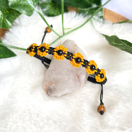 Sunflower Bracelet - Yellow & Black Macrame Flower Bracelet , Boho Summer Jewellery