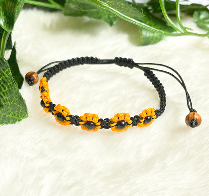 Sunflower Bracelet - Yellow & Black Macrame Flower Bracelet , Boho Summer Jewellery